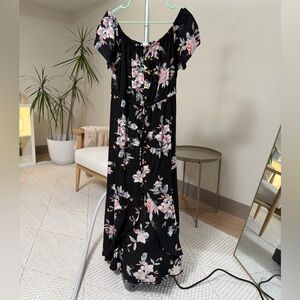 Women’s | Black Floral Off Shoulder Midi Dress Button Front | Size Medium